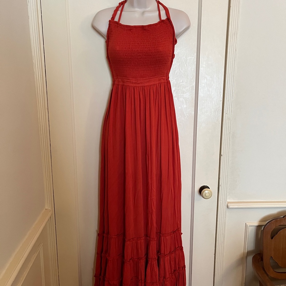 R. Vivimos vermillion shirred halter maxi dress with tiered layers NWT
